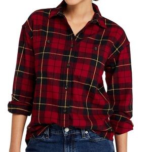 L.L. BEAN relaxed fit flannel shirt button up 100% cotton Scotch plaid red sz XL